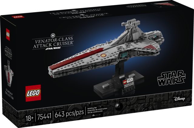 LEGO model of Star Wars Venator-Class Attack Cruiser with stand on black background in product packaging box.