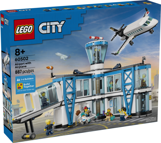 LEGO City toy airport set with airplane, jet bridge, control tower, airport tug, and nine minifigures for play