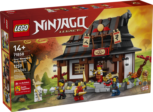 LEGO Ninjago Four Weapons Blacksmith building set box featuring detailed forge and minifigures in action scene