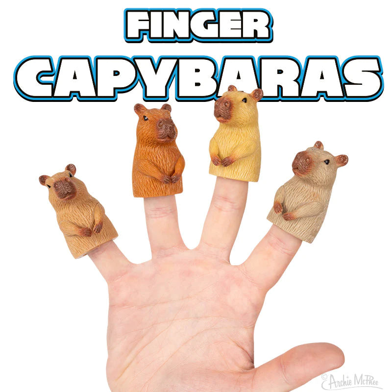 Finger Capybara soft vinyl finger puppets in assorted colors worn on a hand, perfect for playful fun and pretend play.
