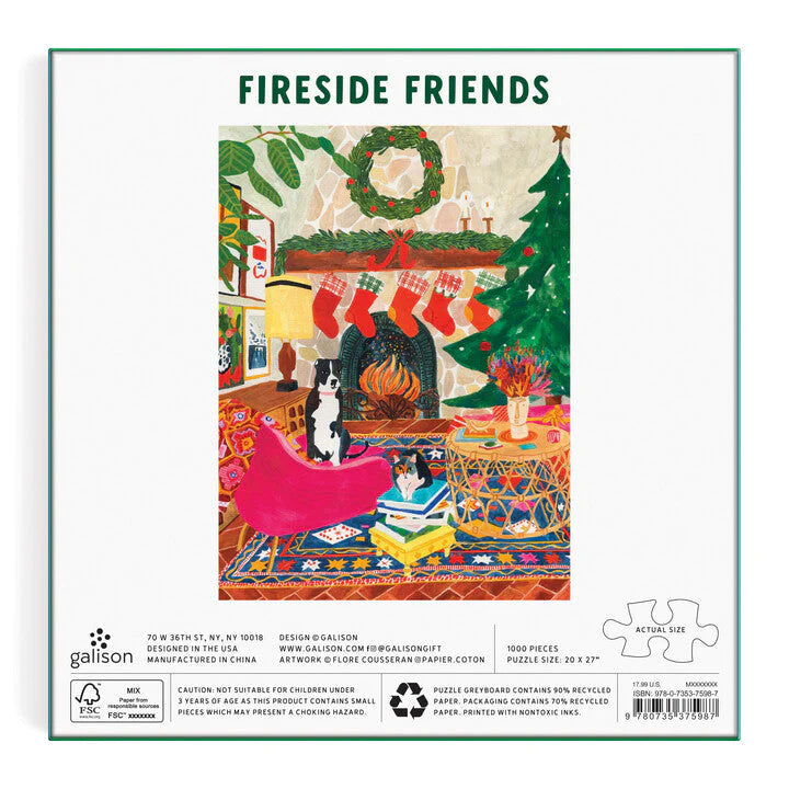 1000pc Fireside Friends Puzzle showing cozy Christmas living room with fireplace, stockings, wreath, and decorated tree.