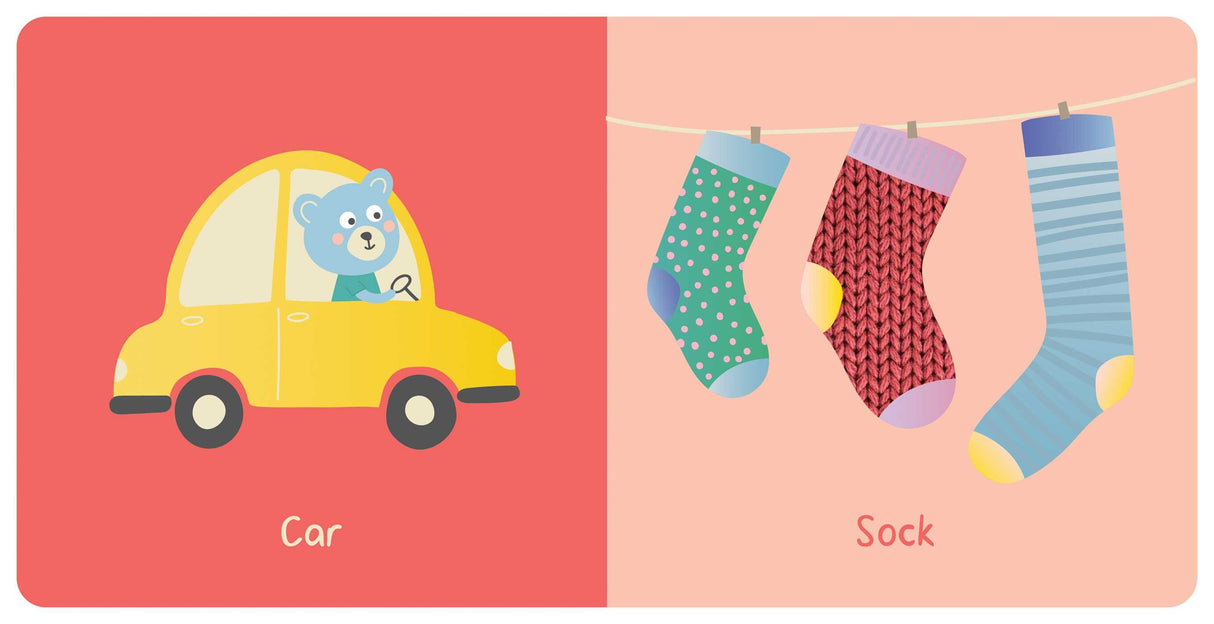 First Words: My First Touch & Feel Book showing a bear driving a car and colorful socks hanging to dry.