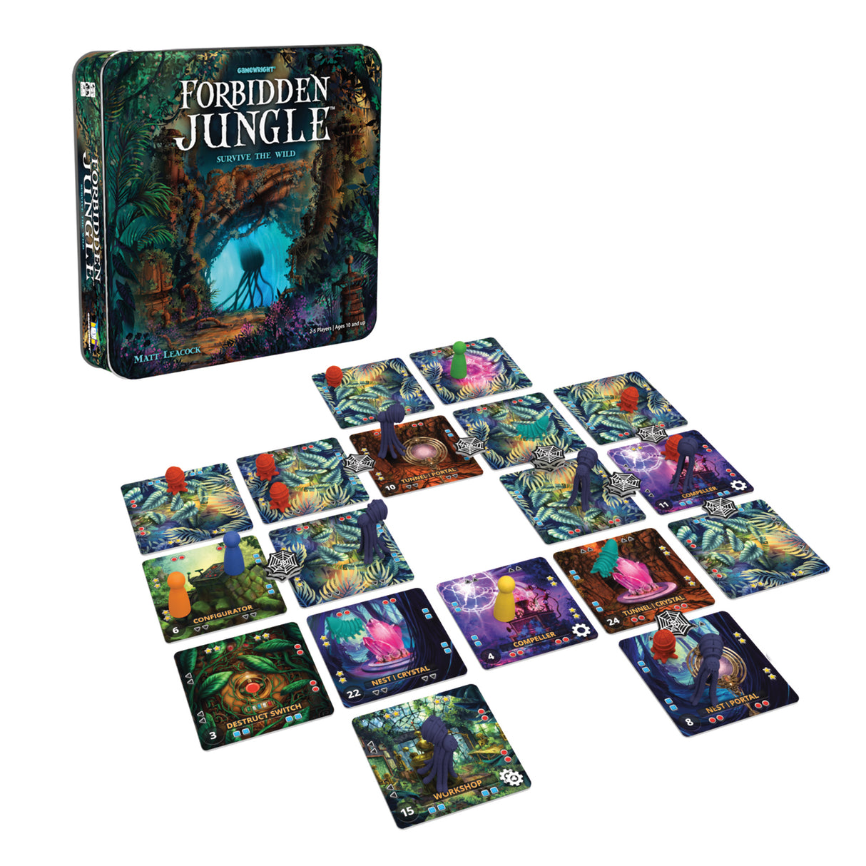 Forbidden Jungle board game with colorful tiles, pawns, and alien-themed artwork set for strategic play.