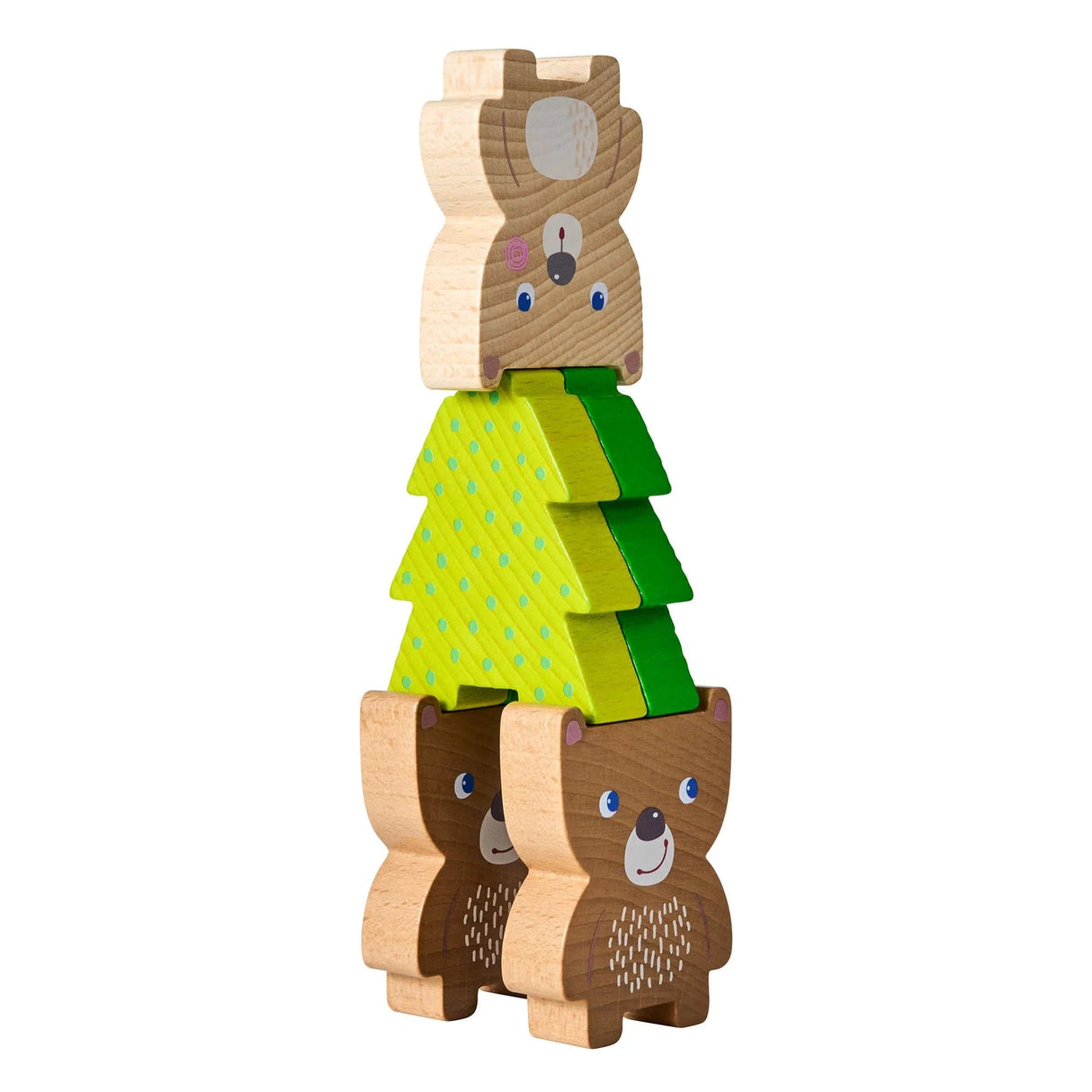 Forest Friends Stacking Toy showing stacked wooden bears and tree blocks for creative play and skill building.