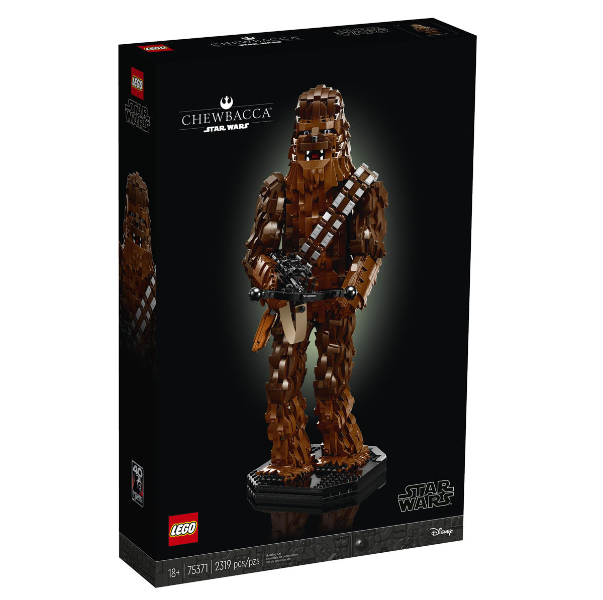 Buildable LEGO Star Wars Chewbacca figure holding a crossbow, standing on a display base with character plaque.