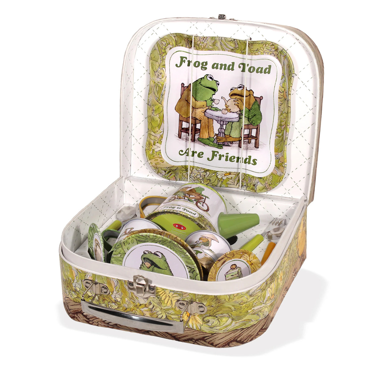 Open Frog and Toad tin picnic set for two with plates, cups, and utensils featuring charming character illustrations