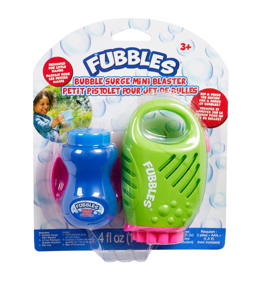Fubbles Bubble Surge Mini Blaster with dip tray and bubble solution for beginner bubblers aged 3 and up in assorted colors.