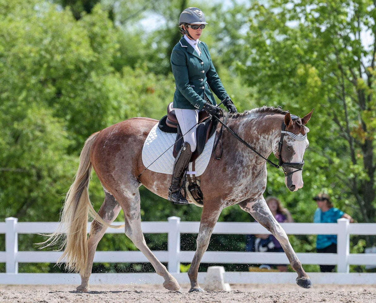 Full Moon Rising Thoroughbred horse in Western Dressage competition with rider in green jacket and helmet.
