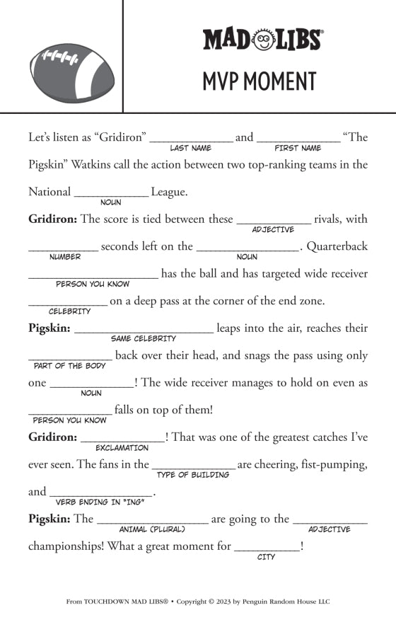 Black and white Mad Libs football-themed fill-in-the-blank game page with a cartoon football icon at top left