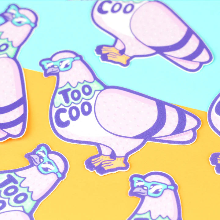 Too Coo Pigeon Sticker showing a stylish pigeon with sunglasses and the text Too Coo on vibrant background.
