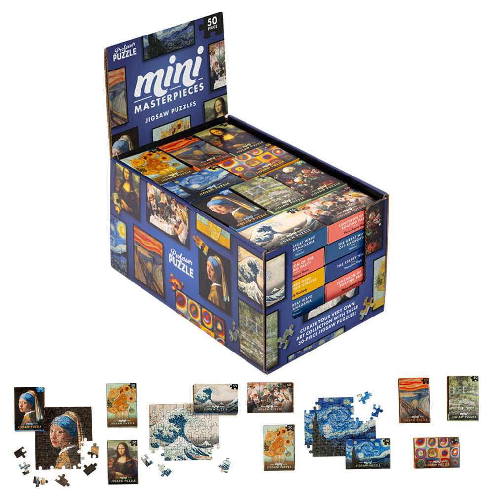 50pc Mini Masterpiece Puzzle display box featuring jigsaw puzzles of famous paintings like Starry Night and Mona Lisa.