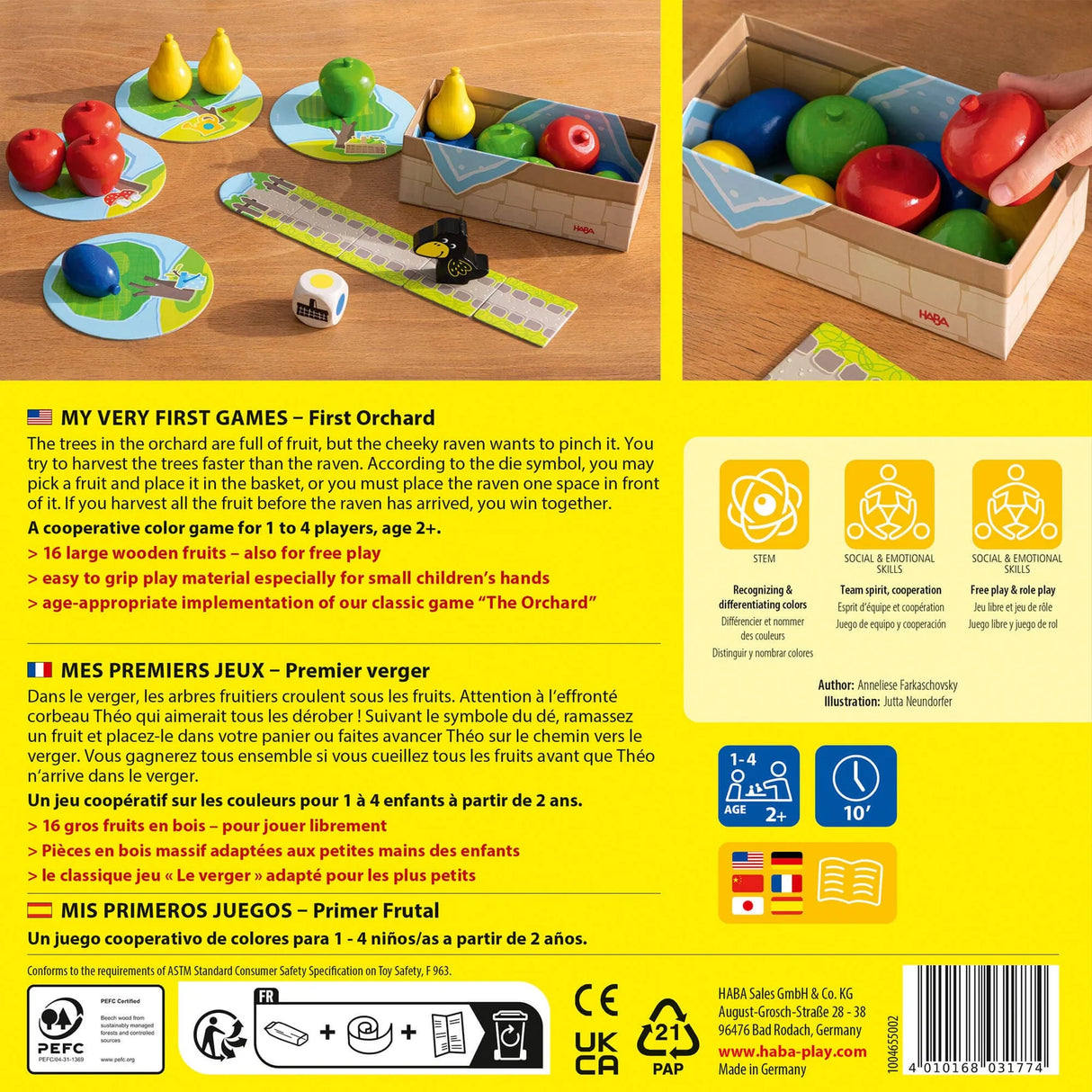 Wooden fruit basket game set with colorful fruits, raven figure, game board pieces, and dice for cooperative play