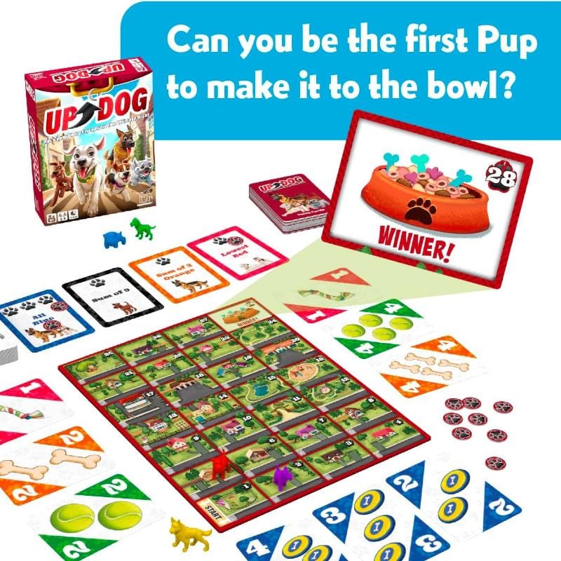 Up Dog card game with colorful cards, game board, and dog pieces for a fun race to the food bowl.