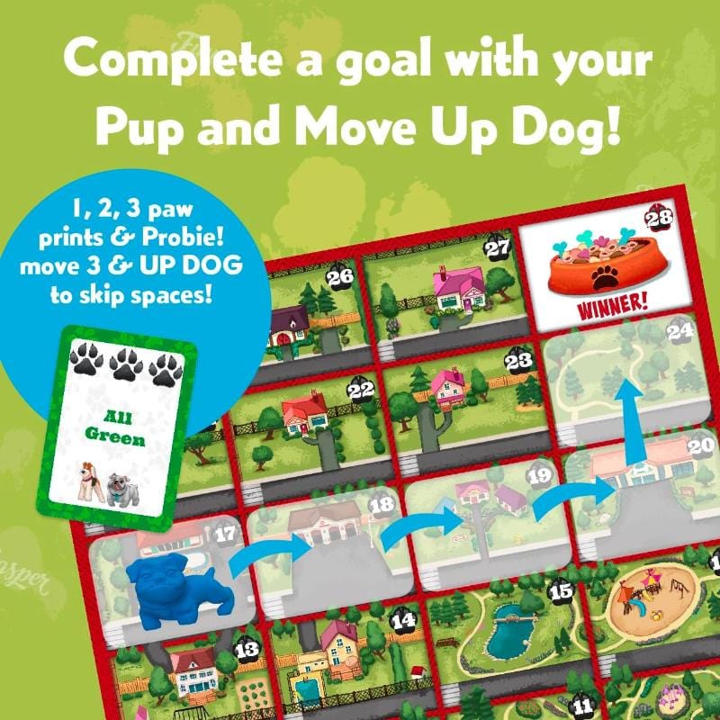 Up Dog card game board showing goal completion and moving pups to win the race to the food bowl.