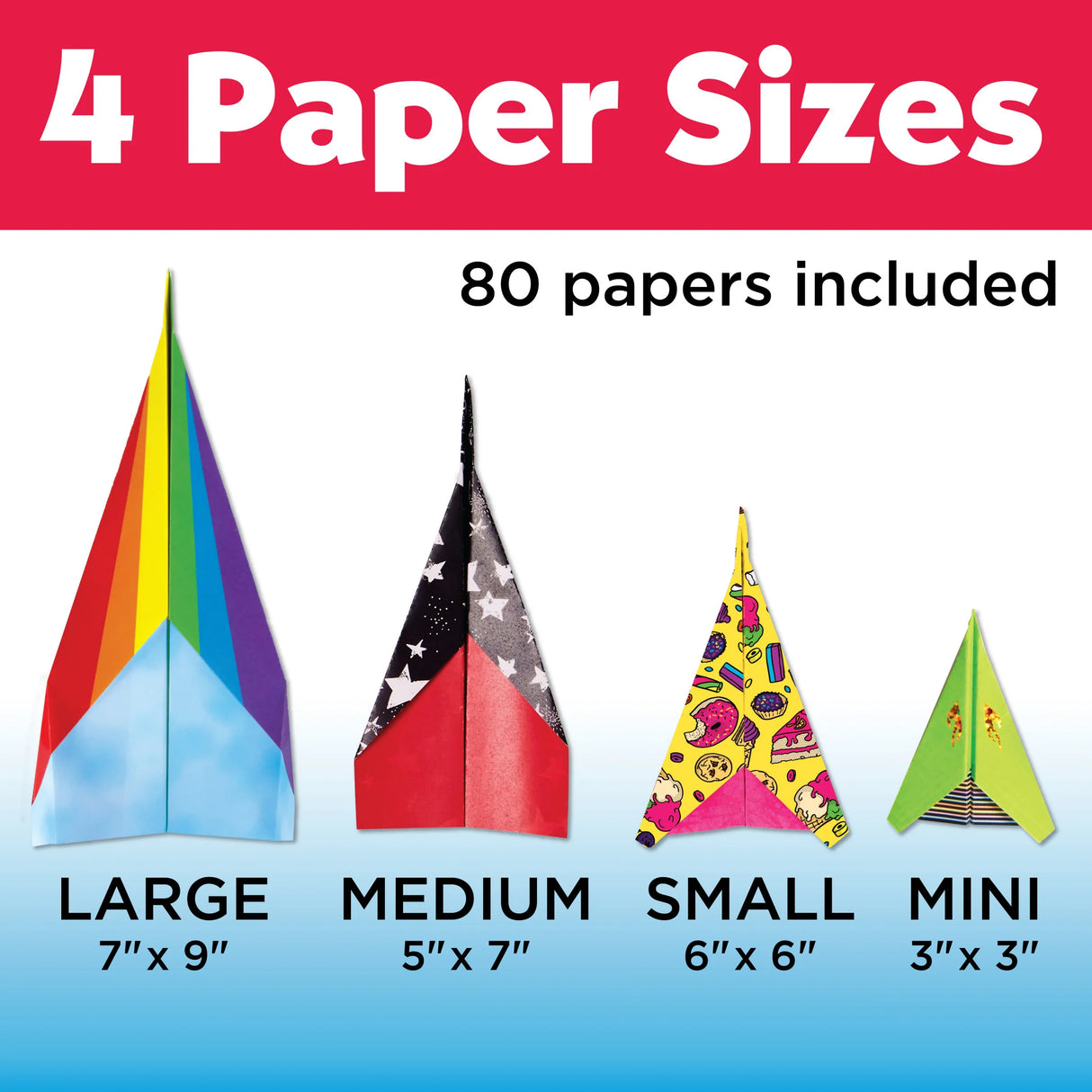 Stunt Squadron Paper Airplanes showing 4 paper sizes with colorful designs for large, medium, small, and mini planes.