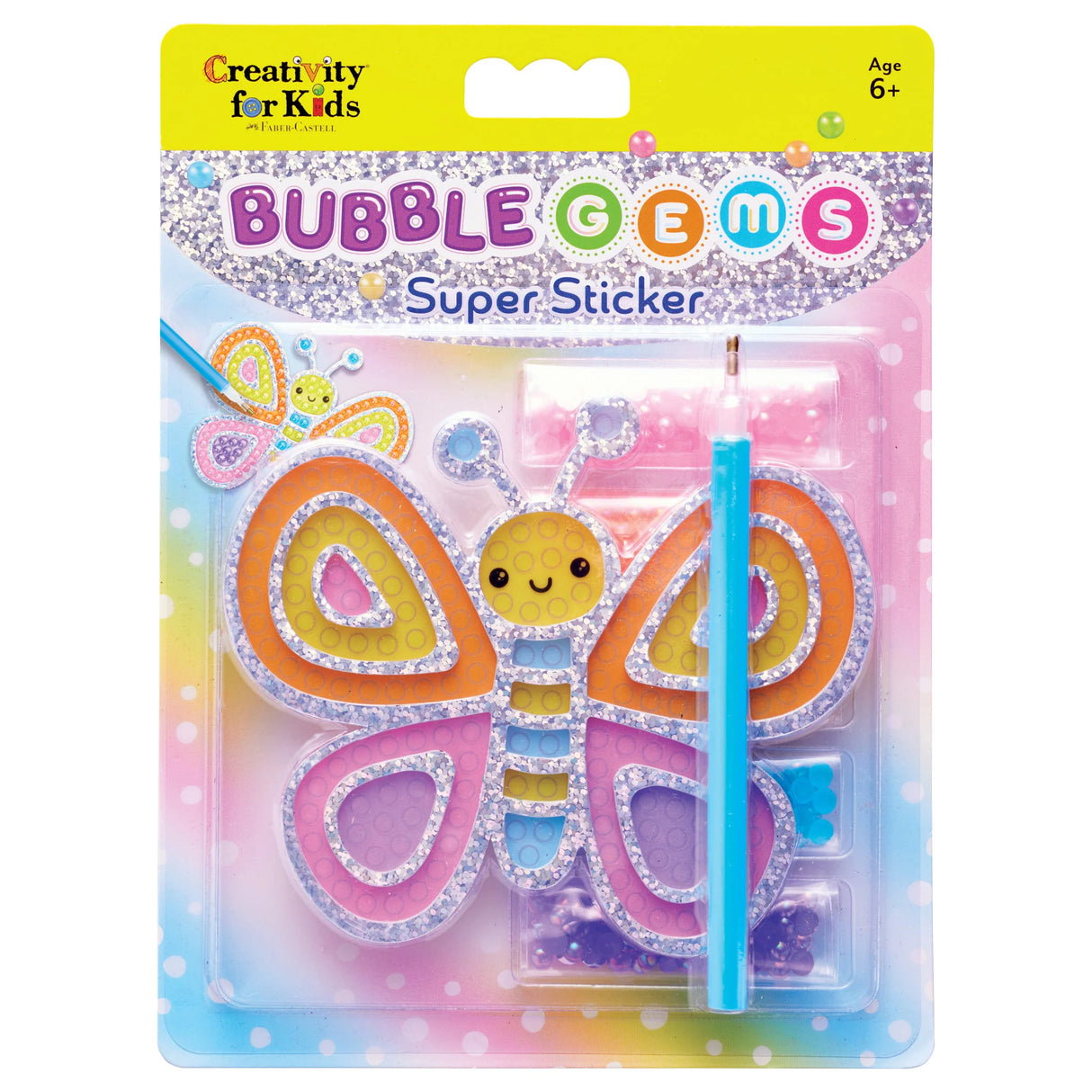 Bubble Gems Super Sticker Butterfly with iridescent gems and stylus for easy, mess-free diamond painting craft for kids ages 6+.