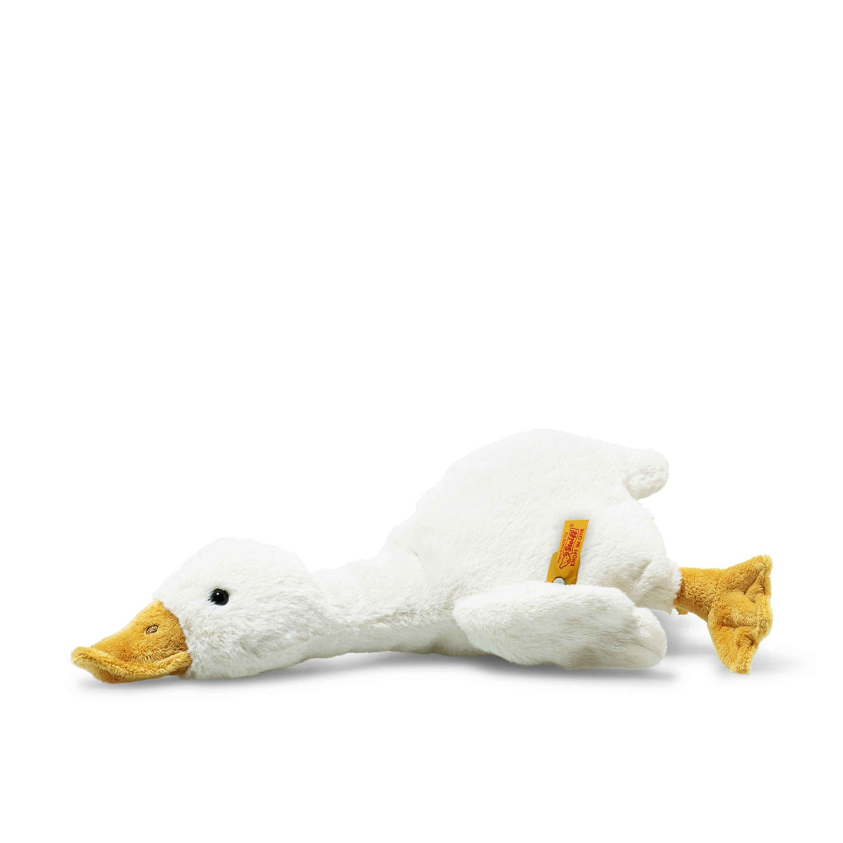Goose Gilda plush toy with soft white body, yellow beak, and webbed feet, perfect for cuddling and playtime.