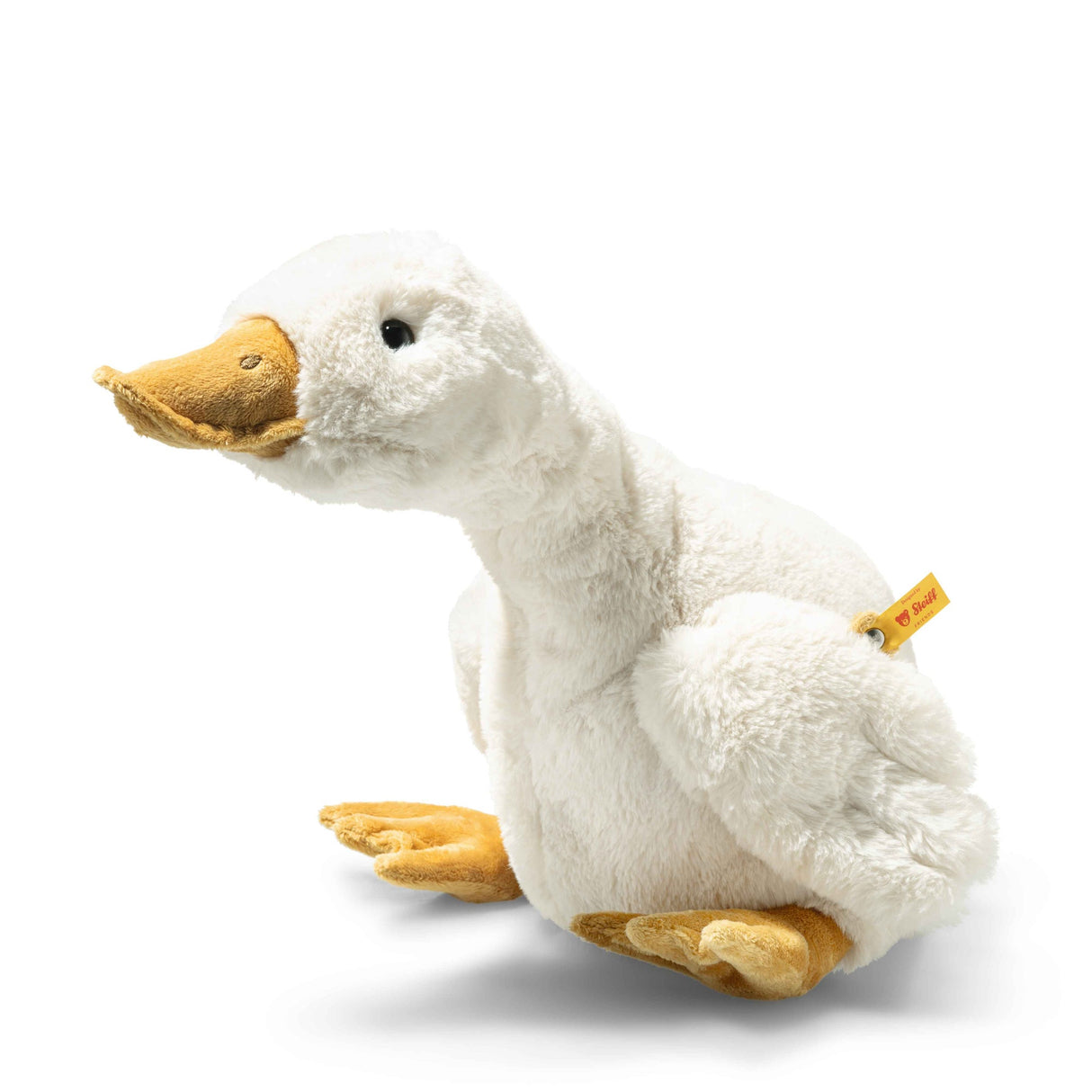 Goose Gilda Large plush toy with soft white feathers and weighted belly for stable sitting and cuddling.