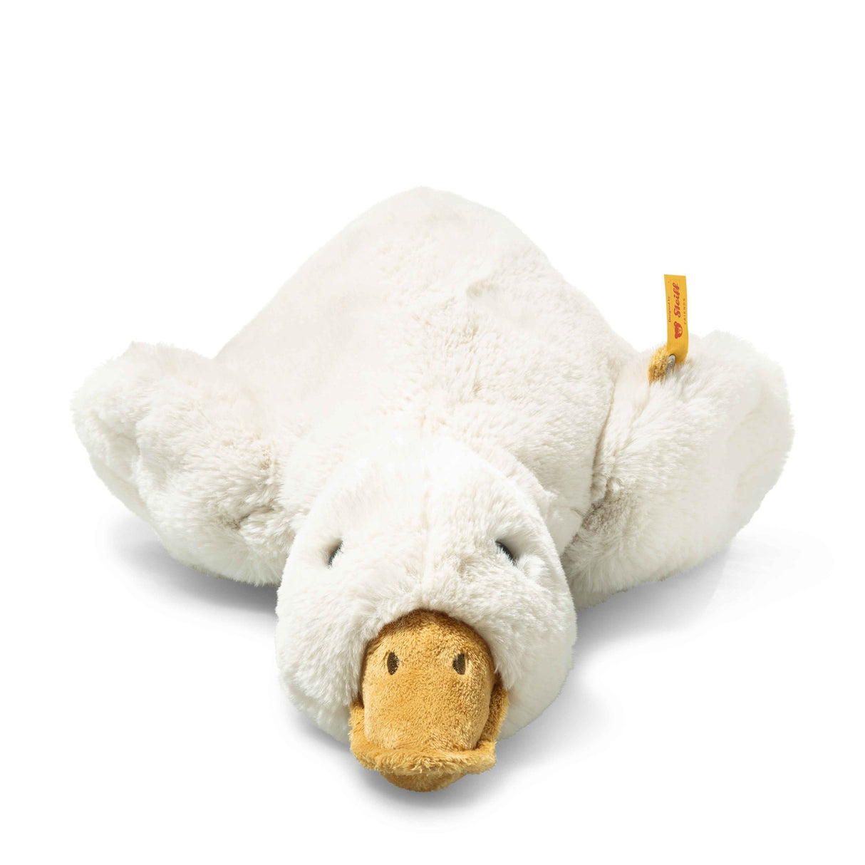 Goose Gilda Large plush toy lying down, soft white feathers and a cuddly brown beak for hugging.