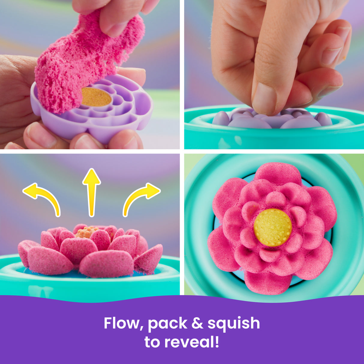Kinetic Sand SquishBlossom showing hands squishing pink sand into flower mold and blooming flower shape.
