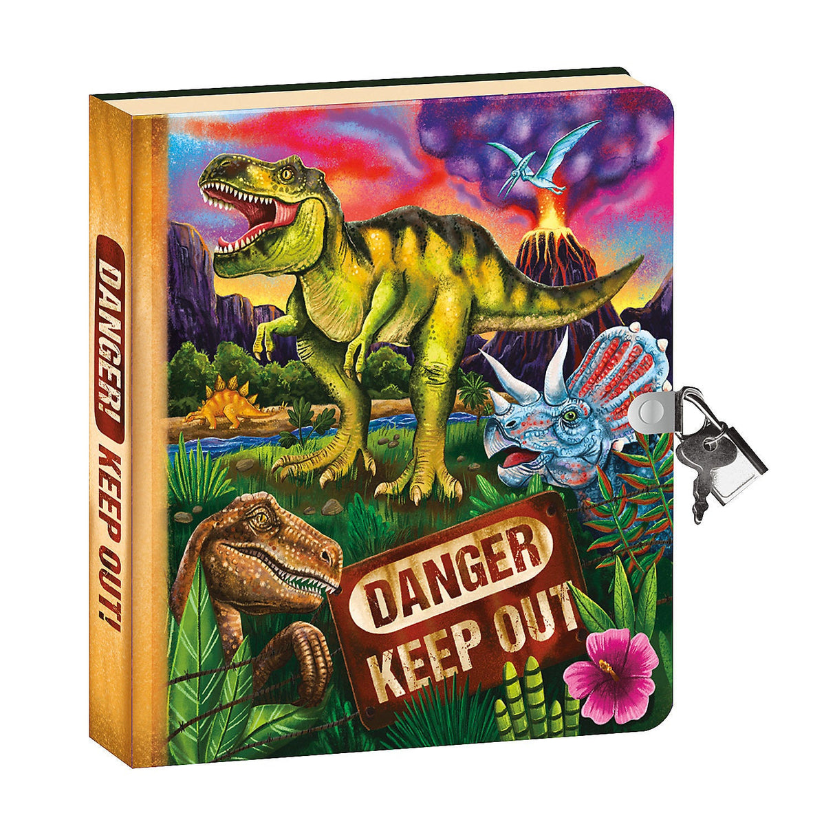 Glow-in-the-Dark Dinosaur Diary featuring roaring dinos, vibrant cover, lock, keys, and "Danger Keep Out" sign.