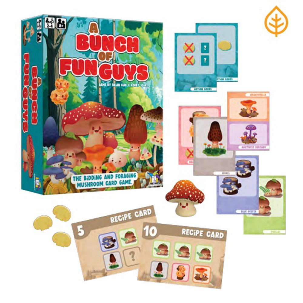 A Bunch of Fun Guys family card game box with mushroom cards, recipe cards, tokens, and foraging cards displayed.
