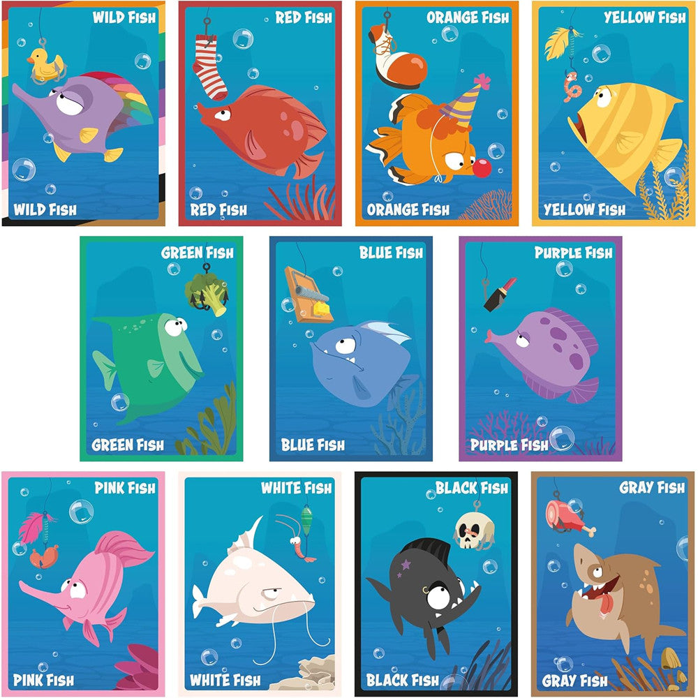 Throw Fish game cards featuring colorful, cartoon fish including Wild, Red, Orange, Yellow, Green, Blue, Purple, Pink, White, Black, and Gray Fish.