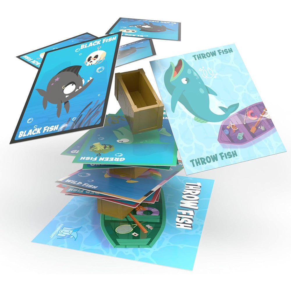 Throw Fish card game featuring colorful fish cards and a wooden boat for stacking sets in playful family fun.