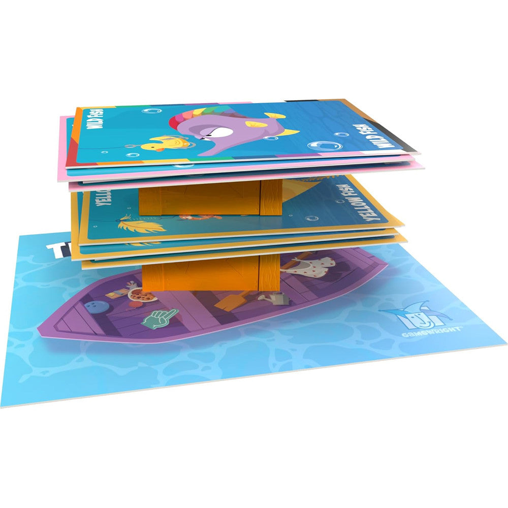 Throw Fish game cards stacked on a colorful board featuring a fishing boat and playful fish illustrations.