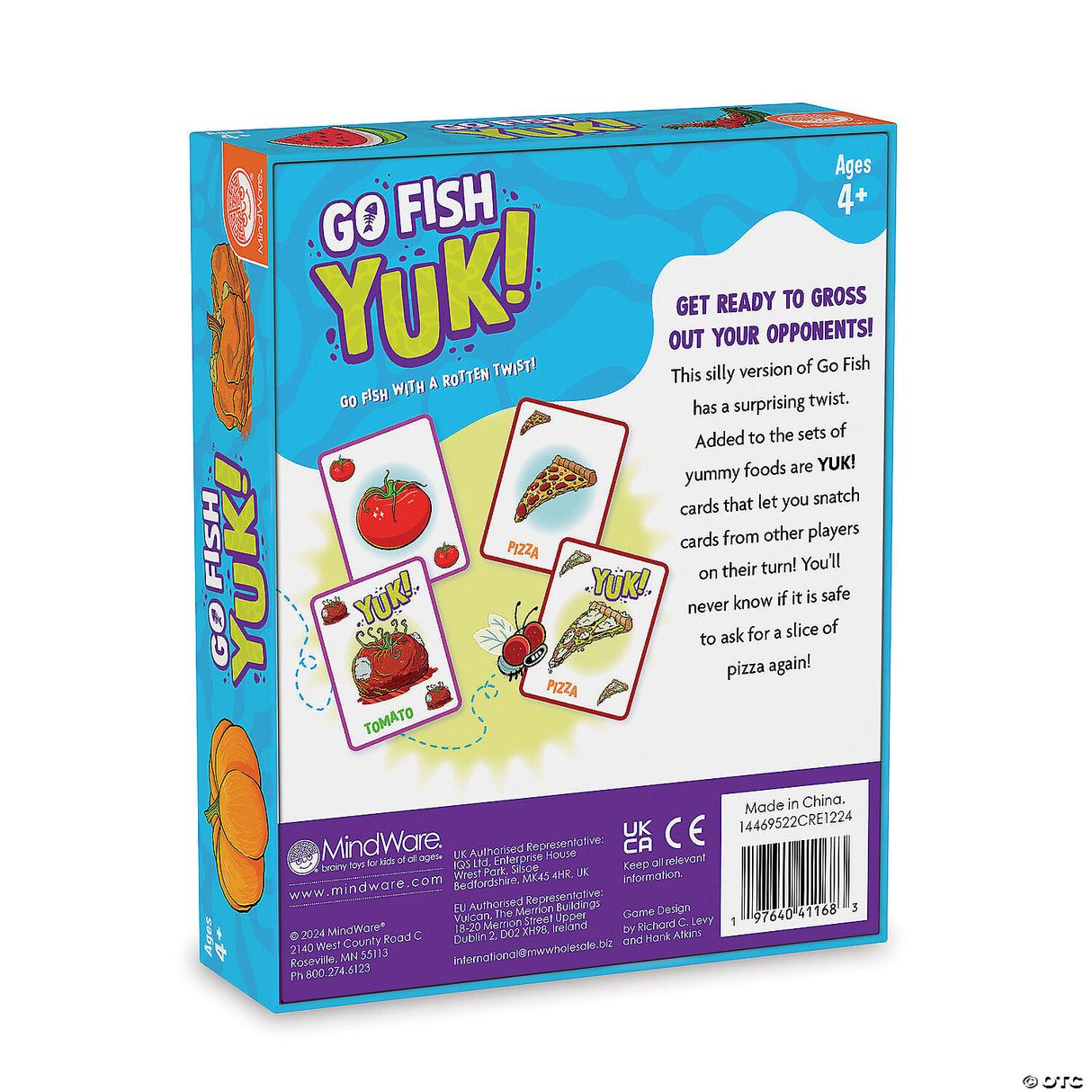 Go Fish YUK! game box showing cards with pizza and tomato illustrations and YUK! cards for ages 4 and up.