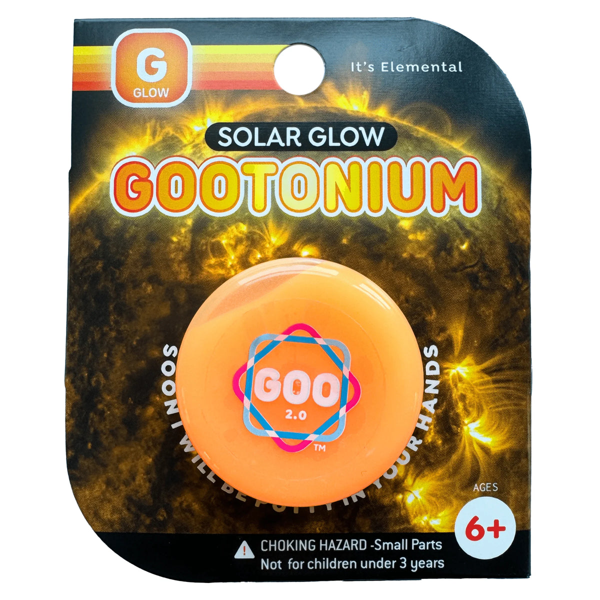 Gootonium: Glowing Orange Solar Putty in bright orange round container packaging