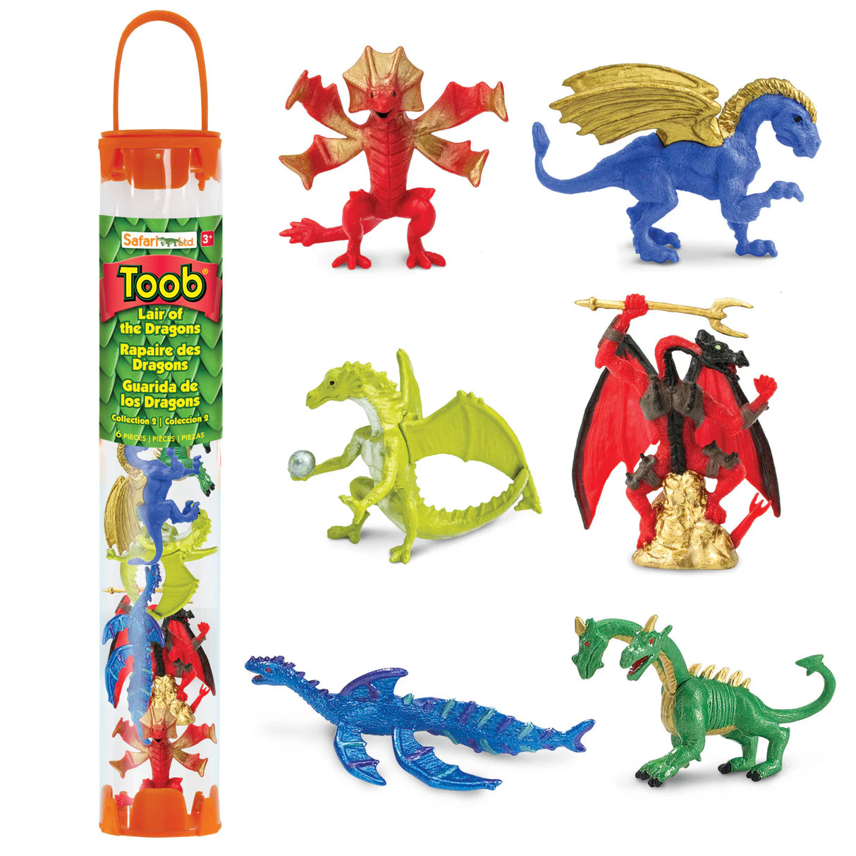 TOOB | Lair of the Dragons 2 with six colorful dragon miniatures in various poses and sizes.