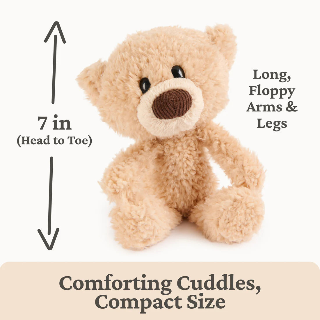 Small 7-inch soft plush bear with long floppy arms and legs, perfect for comforting cuddles and travel.