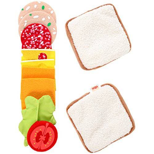 Sandwich play food set with soft bread, cheeses, meats, tomato, and lettuce for imaginative kids’ playdates.