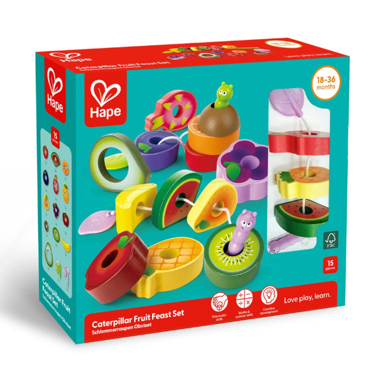 Colorful wooden stacking toy with fruit-shaped pieces and two caterpillar figures designed for toddlers aged 18 to 36 months