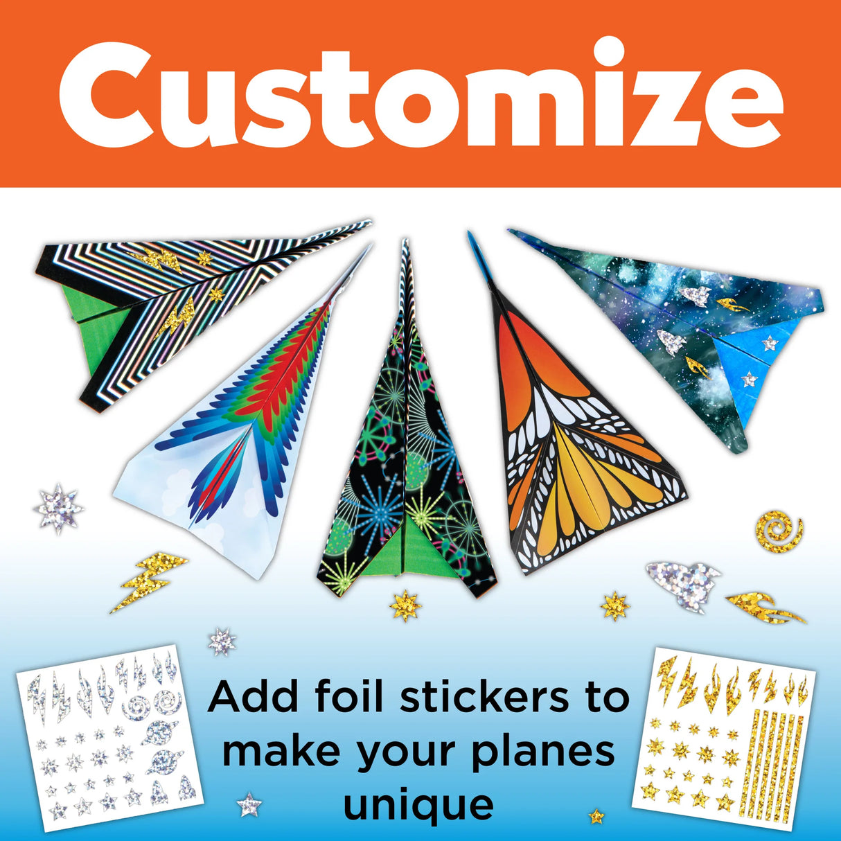 Stunt Squadron Paper Airplanes with colorful designs and foil stickers to customize and decorate your flying paper planes.