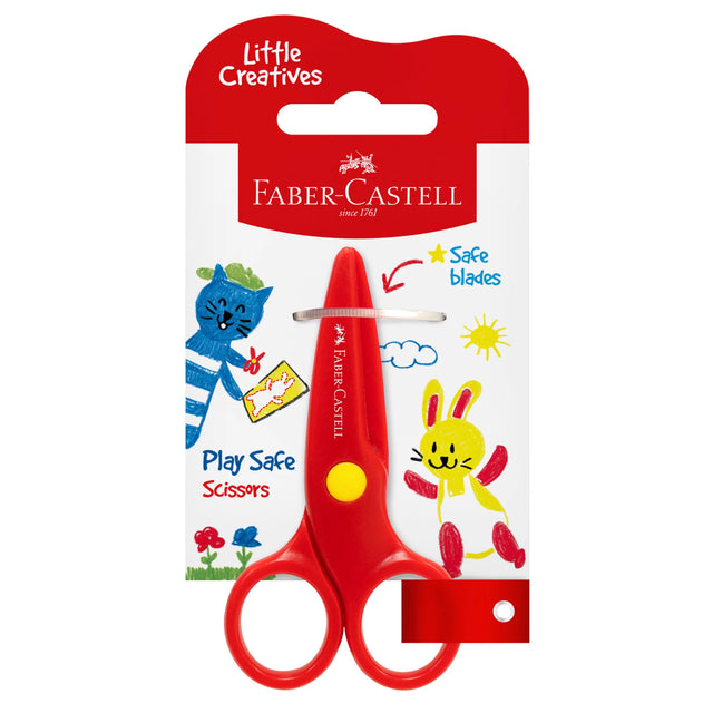 Little Creatives Play Safe Scissors with red handles and safe blades for toddlers, packaged with colorful kid-friendly designs.