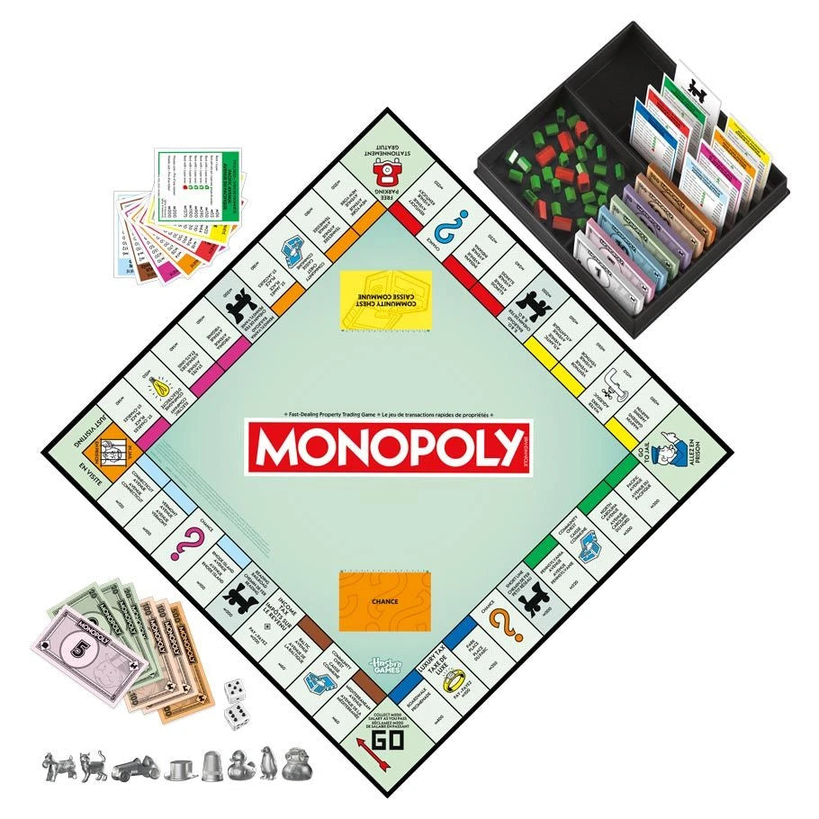Monopoly board game with colorful property spaces cards play money dice and metal tokens