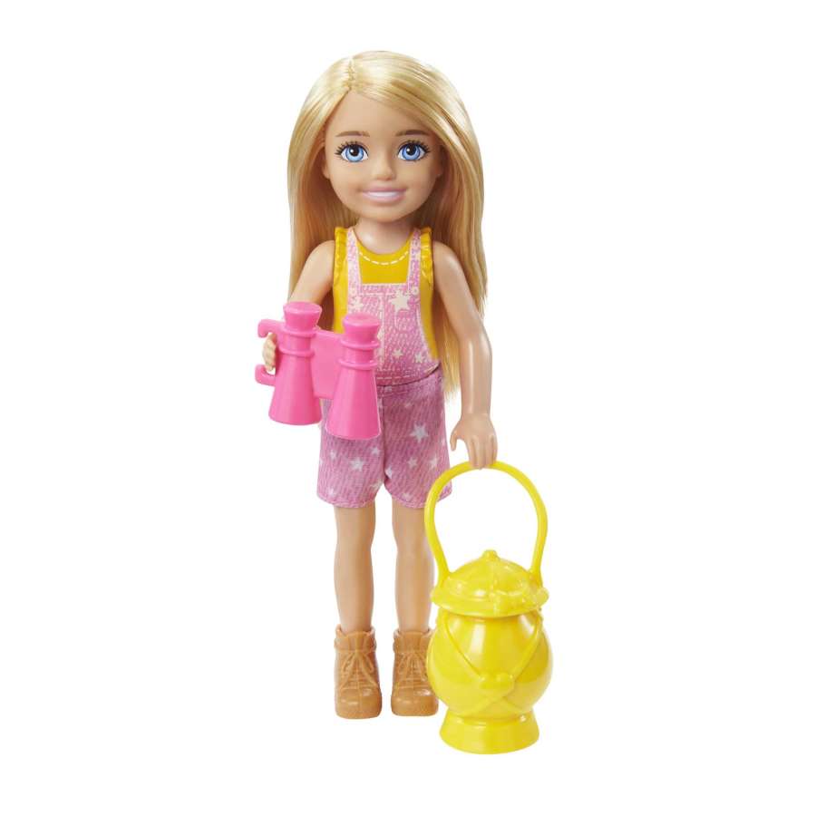 Barbie Chelsea Camping doll wearing pink outfit holding pink binoculars and yellow lantern toy.