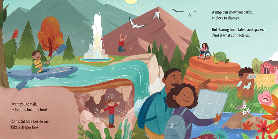 Illustration from I Am Made of Mountains showing diverse children exploring mountains, waterfalls, and nature in a lyrical national parks scene.