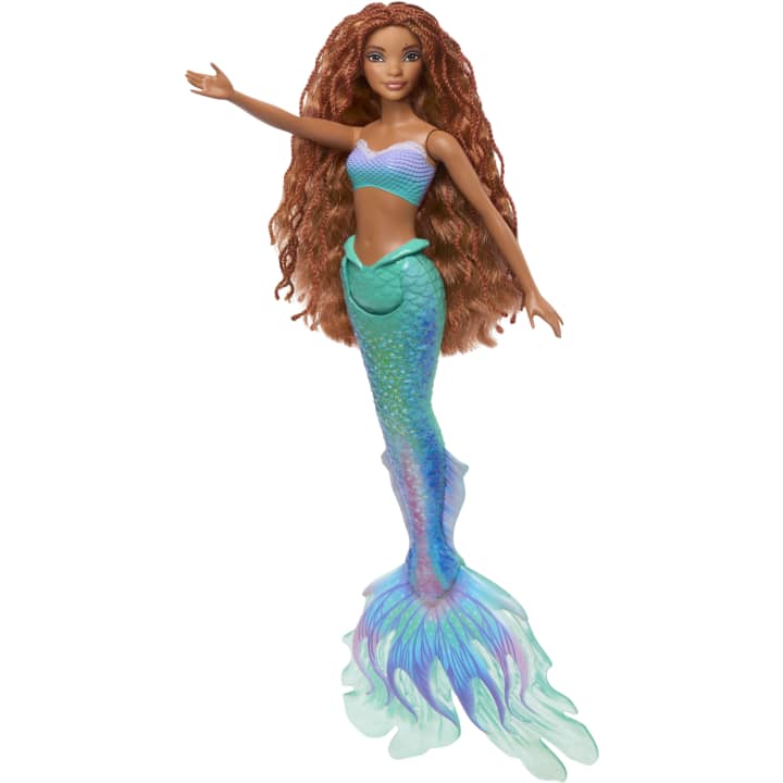 Disney The Little Mermaid doll with long wavy hair and colorful posable mermaid tail for imaginative play.
