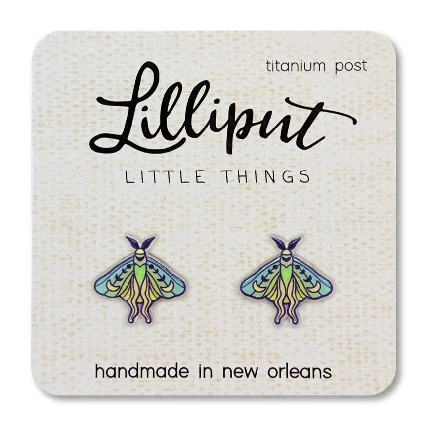 Luna Moth Earrings with detailed colorful moth design on titanium posts, hypoallergenic and handmade in New Orleans.