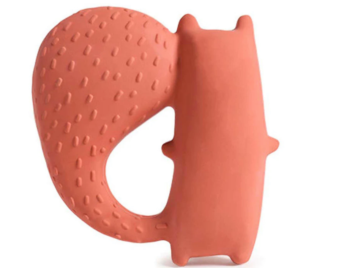 Cyril Squirrel Fox Teether in soft natural rubber with textured tail, designed for soothing baby gums and easy gripping.