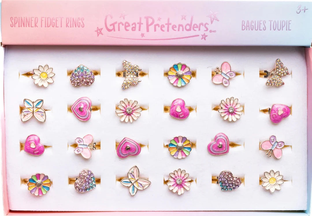Fidget Spinner Ring set with assorted colorful and glittery floral, heart, and butterfly designs in adjustable sizes.