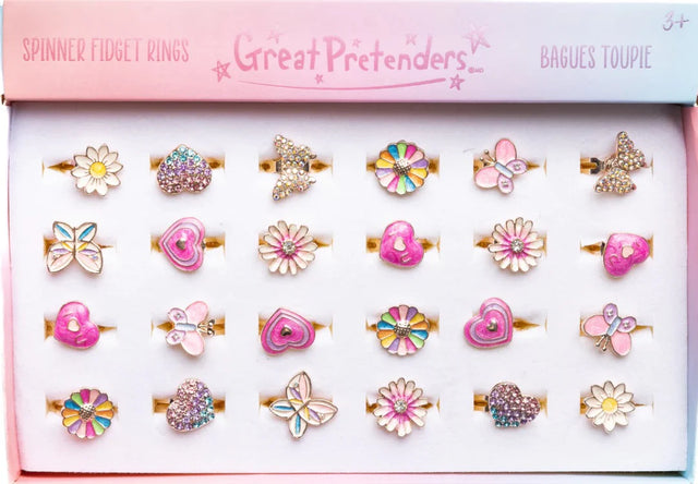 Fidget Spinner Ring set with assorted colorful and glittery floral, heart, and butterfly designs in adjustable sizes.