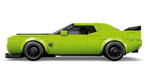 Speed Dodge Challenger SRT Hellcat LEGO model in lime green with detailed features and driver minifigure for racing fans.