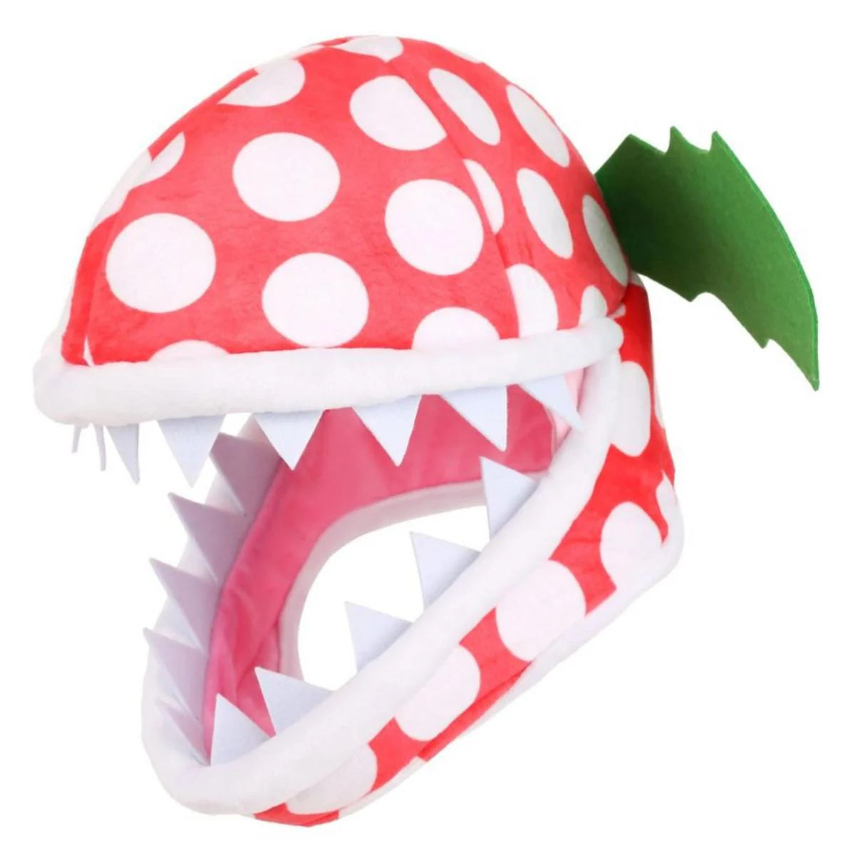 Piranha Plant Jawesome Hat with red and white polka dots, sharp felt teeth, and green felt leaves for a fun look.