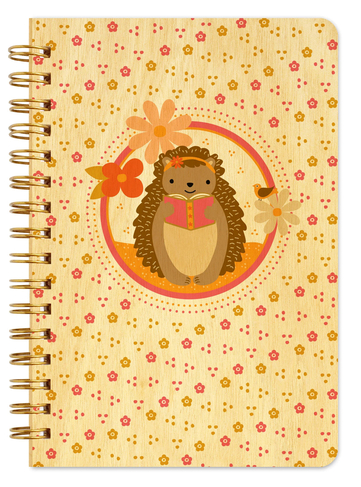 Wood Notebook | Reading Hedgehog with a cute hedgehog reading surrounded by pink and orange flowers on birch wood cover.