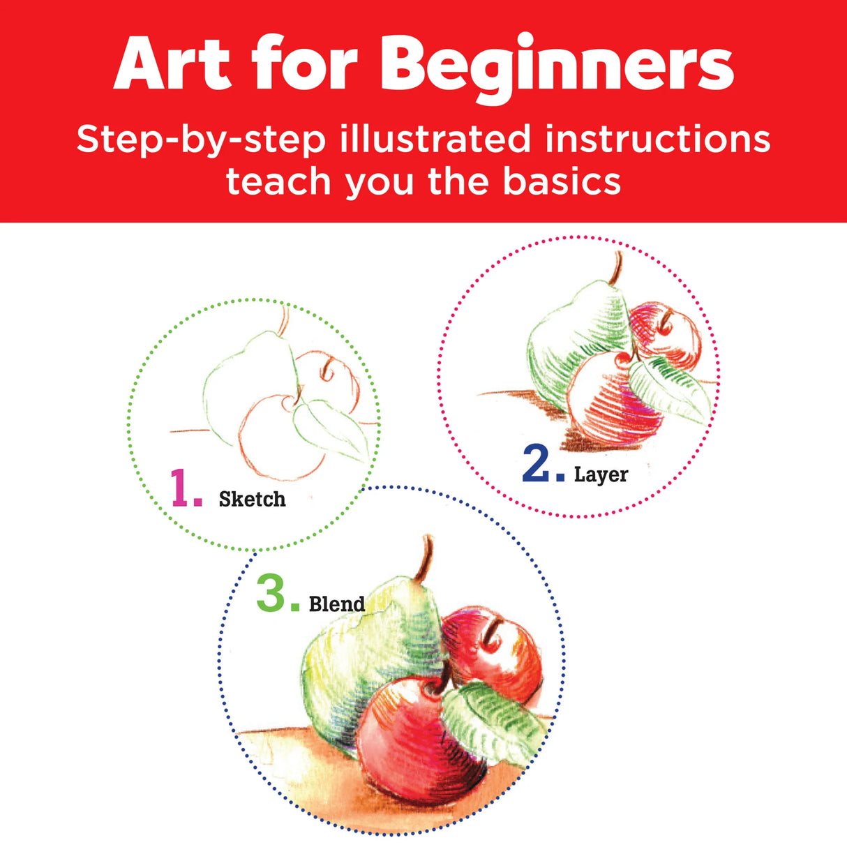 Do Art: Watercolor Pencil Art showing step-by-step beginner instructions with sketch, layer, and blend techniques.