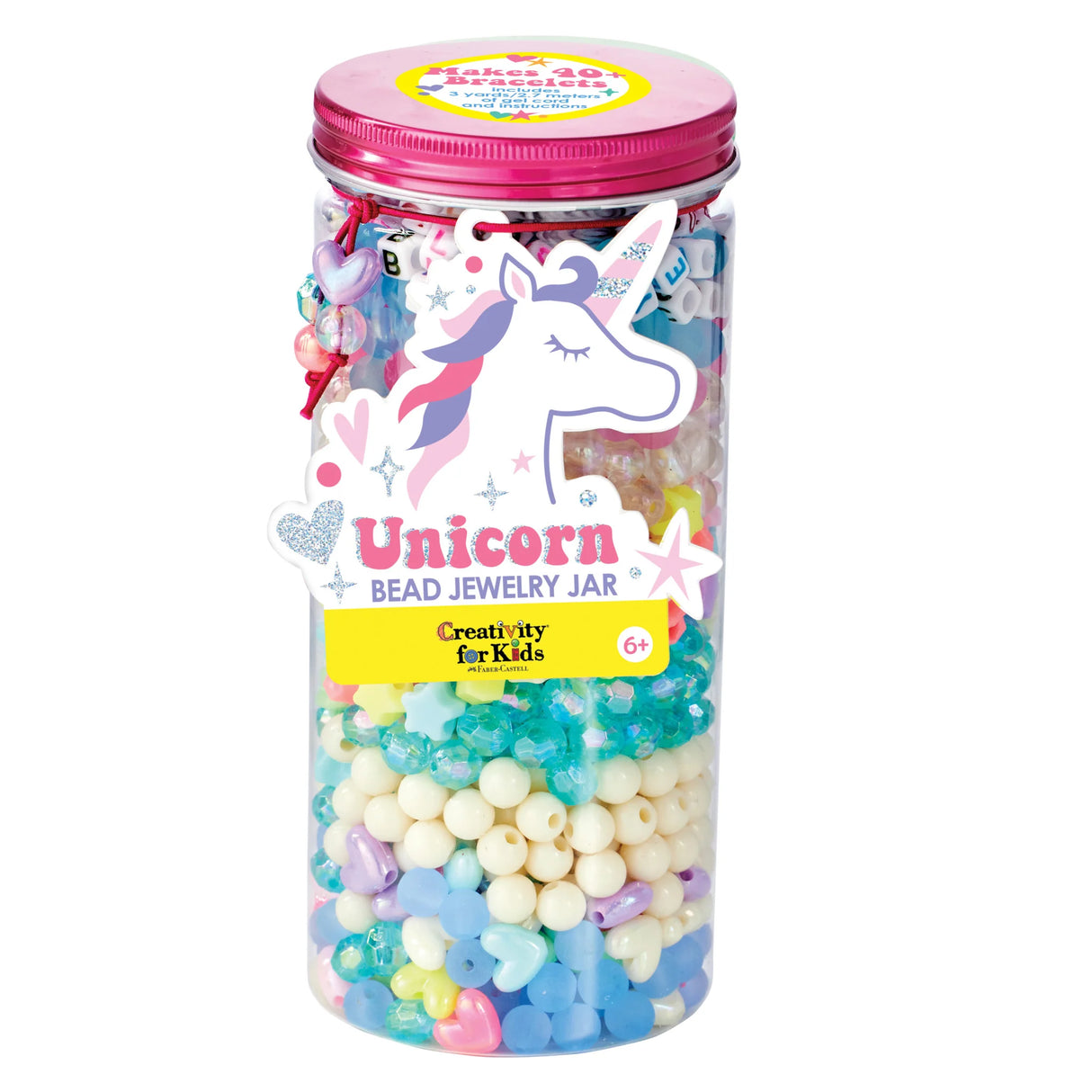 Bead Jewelry Jar | Unicorn with colorful beads and gel cord for making 40+ friendship bracelets, kid-friendly craft kit.